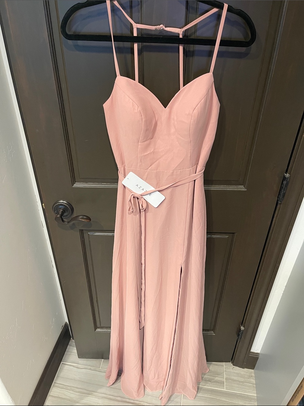 Azazie Blush Pink Spaghetti-Strap Maxi Gown